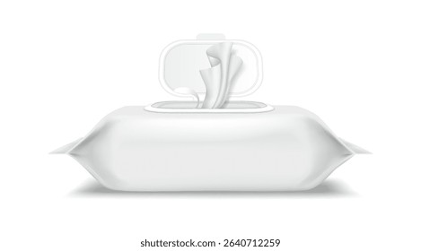Highquality illustration of a wet wipes package with the lid open. Designed in a realistic style with a white color palette. Represents hygiene and convenience.