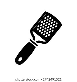 High-quality image of a black plastic kitchen grater with stainless steel grating surface, isolated on white, perfect for culinary and food preparation projects.