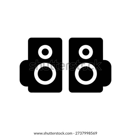 High-quality image of a black stereo speakers icon on a white background, representing music and audio technology.