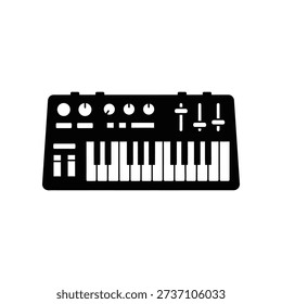 High-quality image of a classic analog synthesizer featuring multiple control knobs, sliders, and white piano keys for music production and retro design projects.