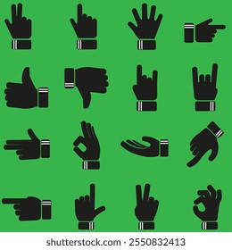 A high-quality image featuring a bold black hand sign on a vibrant green background. Perfect for use in design projects, advertisements, or as an attention-grabbing graphic for creative content