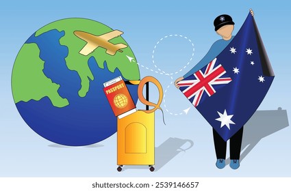 High-quality image showcasing travel essentials Australian flag, passport, luggage, and globe. Perfect for tourism, adventure, and exploration themes. Vibrant and detailed. Traveling to Australia