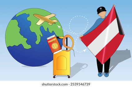 High-quality image showcasing travel essentials Austrian flag, passport, luggage, and globe. Perfect for tourism, adventure, and exploration themes. Vibrant and detailed. Traveling to Austria