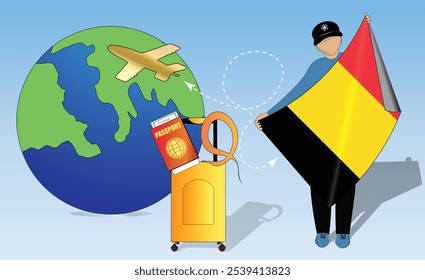 High-quality image showcasing travel essentials Belgium flag, passport, luggage, and globe. Perfect for tourism, adventure, and exploration themes. Vibrant and detailed. Traveling to Belgium