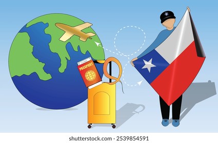 Imagem de alta qualidade mostrando os itens essenciais de viagem Bandeira, passaporte, bagagem e globo chileno. Perfeito para temas de turismo, aventura e exploração. Vibrante e detalhado. Viajando para o Chile