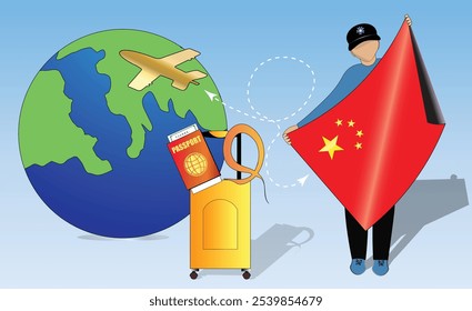 High-quality image showcasing travel essentials Chinese flag, passport, luggage, and globe. Perfect for tourism, adventure, and exploration themes. Vibrant and detailed. Traveling to China
