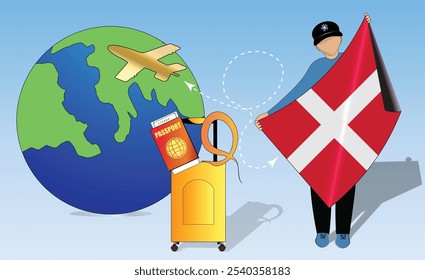 High-quality image showcasing travel essentials Danish flag, passport, luggage, and globe. Perfect for tourism, adventure, and exploration themes. Vibrant and detailed. Traveling to Denmark