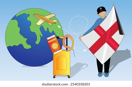 High-quality image showcasing travel essentials England flag, passport, luggage, and globe. Perfect for tourism, adventure, and exploration themes. Vibrant and detailed. Traveling to Britain