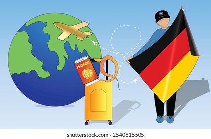 High-quality image showcasing travel essentials German flag, passport, luggage, and globe. Perfect for tourism, adventure, and exploration themes. Vibrant and detailed. Traveling to Germany