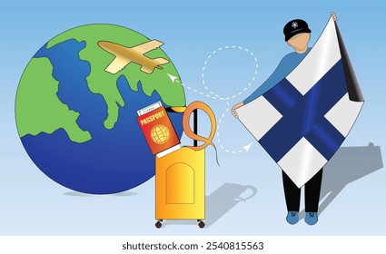 High-quality image showcasing travel essentials Finns flag, passport, luggage, and globe. Perfect for tourism, adventure, and exploration themes. Vibrant and detailed. Traveling to Finland