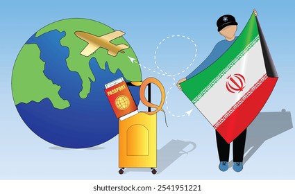 Imagen de alta calidad que exhibe los elementos esenciales de viaje bandera iraní, pasaporte, equipaje y globo terráqueo. Perfecto para el turismo, la aventura y los temas de exploración. Vibrante y detallado. Viajar a Irán