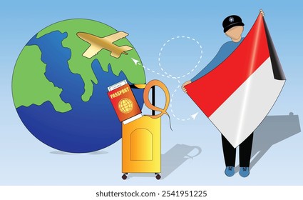 High-quality image showcasing travel essentials Indonesian flag, passport, luggage, and globe. Perfect for tourism, adventure, and exploration themes. Vibrant and detailed. Traveling to Indonesia