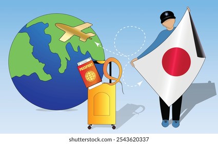 High-quality image showcasing travel essentials Japanese flag, passport, luggage, and globe. Perfect for tourism, adventure, and exploration themes. Vibrant and detailed. Traveling to Japan