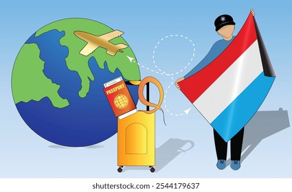 High-quality image showcasing travel essentials Luxembourg flag, passport, luggage, and globe. Perfect for tourism, adventure, and exploration themes. Vibrant and detailed. Traveling to Grand Duchy