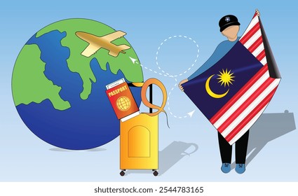 High-quality image showcasing travel essentials Malaysian flag, passport, luggage, and globe. Perfect for tourism, adventure, and exploration themes. Vibrant and detailed. Traveling to Malaysia