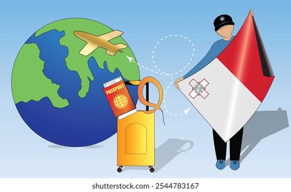 High-quality image showcasing travel essentials Malta flag, passport, luggage, and globe. Perfect for tourism, adventure, and exploration themes. Vibrant and detailed. Traveling to Maltese