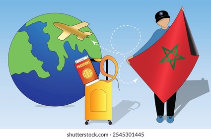 High-quality image showcasing travel essentials Morocco flag, passport, luggage, and globe. Perfect for tourism, adventure, and exploration themes. Vibrant and detailed. Traveling to Marrakech