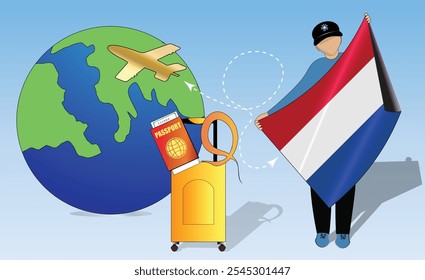 Imagem de alta qualidade mostrando viagens essenciais Holanda bandeira, passaporte, bagagem, e globo. Perfeito para temas de turismo, aventura e exploração. Vibrante e detalhado. Viajando para Holanda