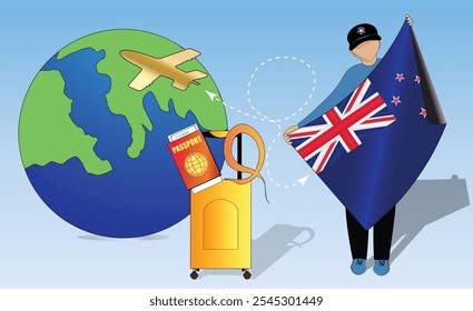 High-quality image showcasing travel essentials New Zealand flag, passport, luggage, and globe. Perfect for tourism, adventure, and exploration themes. Vibrant and detailed. Traveling to Aotearoa