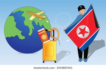 High-quality image showcasing travel essentials North Korean flag, passport, luggage, and globe. Perfect for tourism, adventure, and exploration themes. Vibrant and detailed. Traveling to North Korea