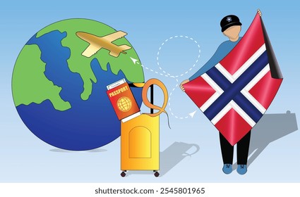 Imagem de alta qualidade mostrando o essencial de viagens Bandeira norueguesa, passaporte, bagagem e globo. Perfeito para temas de turismo, aventura e exploração. Vibrante e detalhado. Viajar para a Noruega