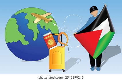 Imagem de alta qualidade mostrando viagens essenciais bandeira palestina, passaporte, bagagem, e globo. Perfeito para temas de turismo, aventura e exploração. Vibrante e detalhado. Viajando para a Palestina