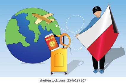 Imagem de alta qualidade apresentando viagem essenciais Polônia bandeira, passaporte, bagagem, e globo. Perfeito para temas de turismo, aventura e exploração. Vibrante e detalhado. Viajando para Polska