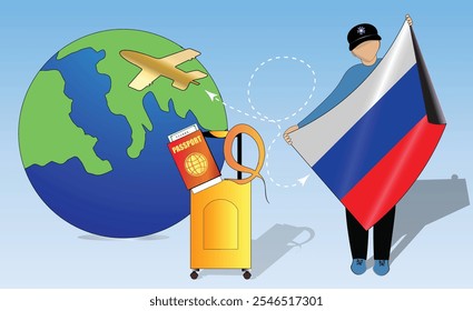 High-quality image showcasing travel essentials Russian flag, passport, luggage, and globe. Perfect for tourism, adventure, and exploration themes. Vibrant and detailed. Traveling to Russia