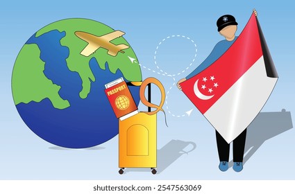 High-quality image showcasing travel essentials Singaporean flag, passport, luggage, and globe. Perfect for tourism, adventure, and exploration themes. Vibrant and detailed. Traveling to Singapore