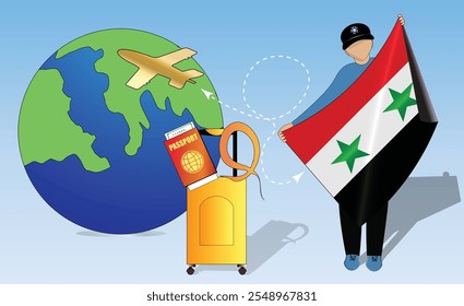 High-quality image showcasing travel essentials Syrian Flag, passport, luggage, and globe. Perfect for tourism, adventure, and exploration themes. Vibrant and detailed. Traveling to Syria