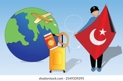 High-quality image showcasing travel essentials Türkiye flag, passport, luggage, and globe. Perfect for tourism, adventure, and exploration themes. Vibrant and detailed. Traveling to Turkey