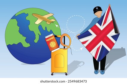 High-quality image showcasing travel essentials UK flag, passport, luggage, and globe. Perfect for tourism, adventure, and exploration themes. Vibrant and detailed. Traveling to United Kingdom