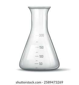 High-quality image of a transparent laboratory flask with measurement markings. Ideal for educational, scientific, and laboratory-themed projects.