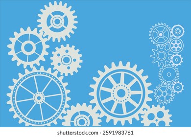 A high-quality industrial banner featuring old metal cogs and gears in a blue tone. Perfect for engineering, machinery, and steampunk-themed designs. Ideal for digital and print projects.