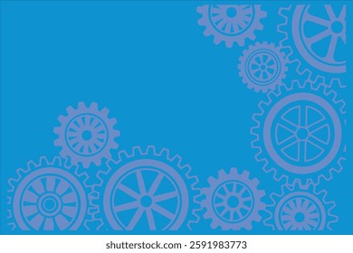 A high-quality industrial banner featuring old metal cogs and gears in a blue tone. Perfect for engineering, machinery, and steampunk-themed designs. Ideal for digital and print projects.