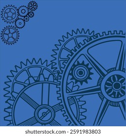 A high-quality industrial banner featuring old metal cogs and gears in a blue tone. Perfect for engineering, machinery, and steampunk-themed designs. Ideal for digital and print projects.