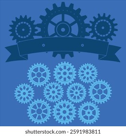 A high-quality industrial banner featuring old metal cogs and gears in a blue tone. Perfect for engineering, machinery, and steampunk-themed designs. Ideal for digital and print projects.