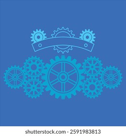 A high-quality industrial banner featuring old metal cogs and gears in a blue tone. Perfect for engineering, machinery, and steampunk-themed designs. Ideal for digital and print projects.