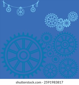 A high-quality industrial banner featuring old metal cogs and gears in a blue tone. Perfect for engineering, machinery, and steampunk-themed designs. Ideal for digital and print projects.