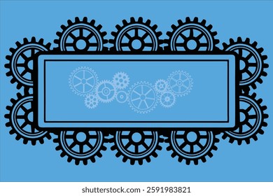 A high-quality industrial banner featuring old metal cogs and gears in a blue tone. Perfect for engineering, machinery, and steampunk-themed designs. Ideal for digital and print projects.