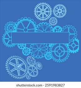 A high-quality industrial banner featuring old metal cogs and gears in a blue tone. Perfect for engineering, machinery, and steampunk-themed designs. Ideal for digital and print projects.