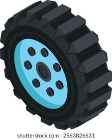 High-quality isometric 3D vector illustration of a heavy-duty vehicle tire with a distinctive sky-blue rim. Perfect for automotive, construction, and transportation design projects.