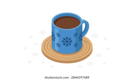A high-quality isometric flat vector graphic featuring a blue ceramic mug decorated with navy snowflake icons. The mug is filled with a dark liquid like coffee or cocoa and rests on a circular wooden or cork coaster. The scene is set against a white background featuring scattered faint gray snowflake shapes, perfect for winter or holiday-themed designs.
