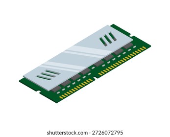 Una ilustración isométrica de alta calidad de un módulo de RAM de computadora con un PCB verde, pines de contacto dorados y un separador de calor de metal plateado para enfriamiento.