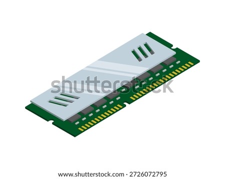A high-quality isometric illustration of a computer RAM module featuring a green PCB, golden contact pins, and a silver metal heat spreader for cooling.