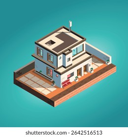 A high-quality isometric vector illustration of a modern house, designed with precision in Adobe Illustrator. 
No AI tools were used — this is a 100% original handcrafted vector design.