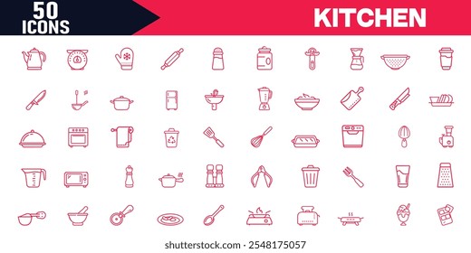 High-quality Kitchen Editable Stroke Outline Icons Set featuring essential items like Whisk, Rolling Pin, Frying Pan, Knife, Paddle, Fork, Cooker Hood, Grill, Pan, Bowl, Chef Hat, Microwave