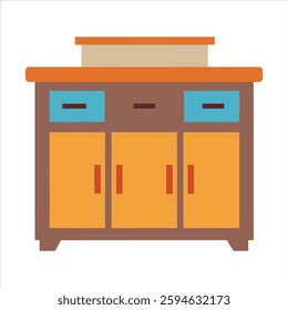 A high-quality **Kitchen Island Vector Illustration**, featuring a modern countertop with cabinets, bar stools, and stylish decor. Perfect for websites, advertisements, magazines, and design projects.