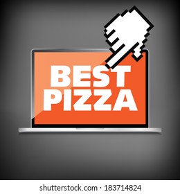 High-quality laptop screen with the label Best Pizza. Special offer. Marketing concept.