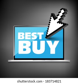 High-quality laptop screen with the text Best Buy. Special offer. Marketing concept.